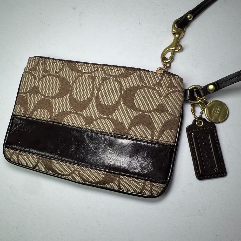 Coach Legacy Signature C Monogram‎ Brown Jacquard Wristlet Pouch Clutch Wallet